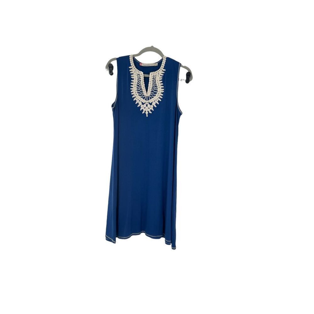 Chelsea -&  Violet short sleeve blue dress white crotchet detail at the neck  li